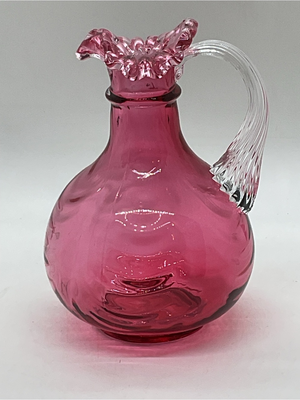 Fenton Handblown Cranberry Swirl Small Glass Pitcher with Clear Handle